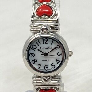 Varsales Watch Women Silver Tone MOP Hearts Valentine Stretch Band New Battery